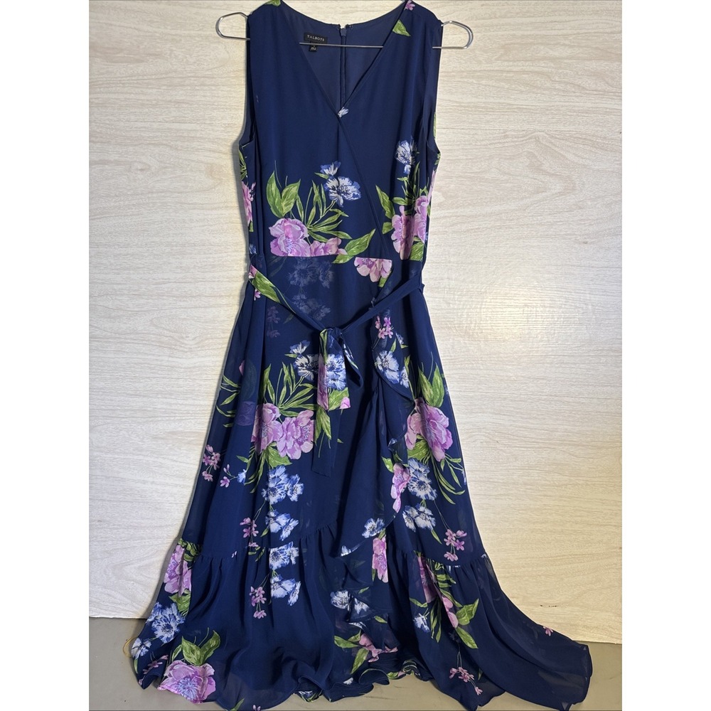 Talbots Georgette Painterly Floral Wrap Dress in Navy Multi. Sz 6